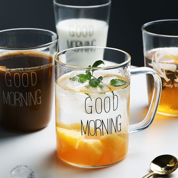 

good morning glass 400ml coffee mug black white good morning milk juice cup transparent glass beer mug with handle home