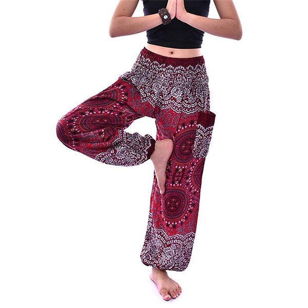 

women high waist yoga pants printed loose thin lantern outdoor pants thailand bohemia fitness sport trousers with pocket, White;red