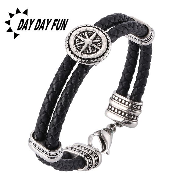 

vintage round shield black woven double leather bracelet stainless steel fashion charm personality male wrist band e0175, White