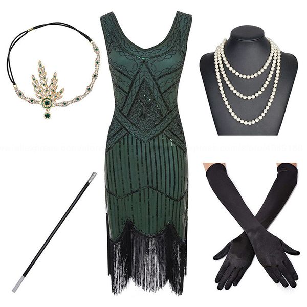 

1920s plus size gatsby sequin fringed dress paisley art deco flapper sleeve dress with 20s accessories set xs,s,l,,xl,xxl, Black;gray