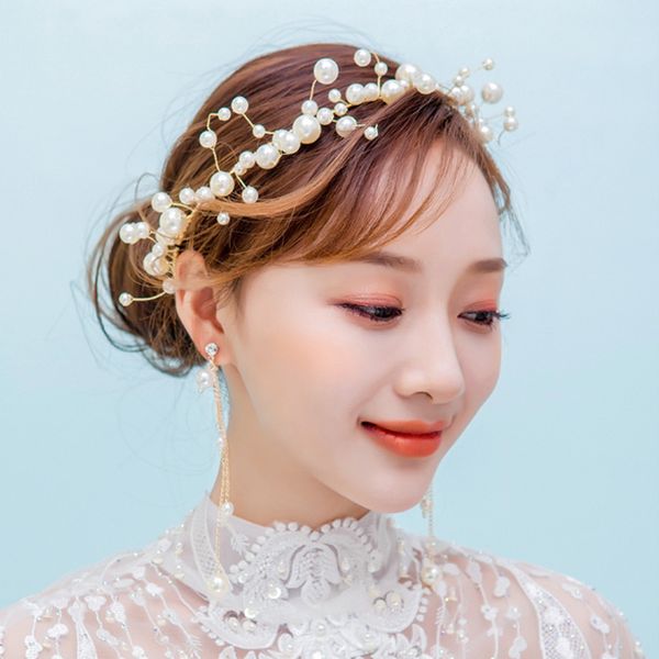 

korean bride wedding headwear manual pearl torsional beads hair hoop marry full dress accessories nothing pierced ear clip suit, Silver