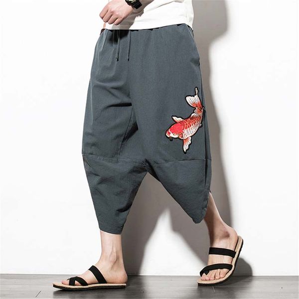 

cotton loose harem pants men drawstring pants fashion style embroidery short trousers large size male casual cross-pants, Black