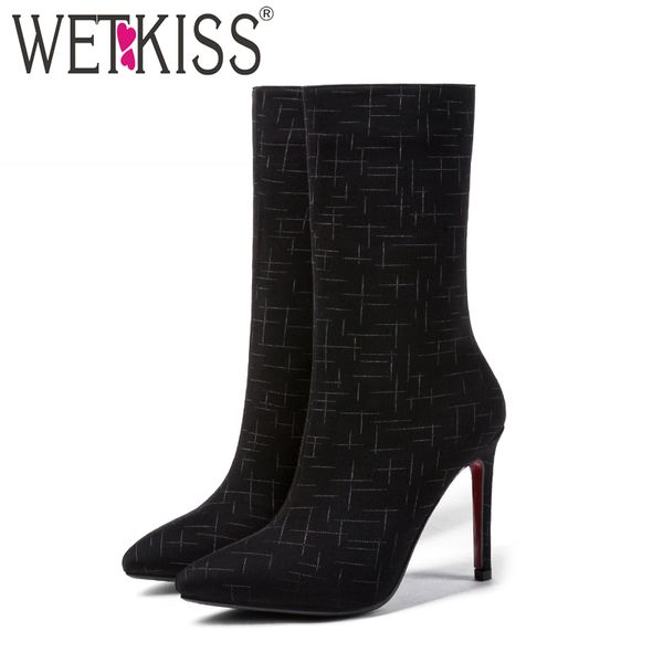 

wetkiss winter mid calf stretch women boots pointed toe printing footwear high heels rubber female boot fashion shoes women 2018, Black