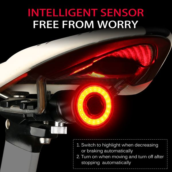 

bicycle smart flashlight bike rear light auto start/sbrake sensing waterproof led charging cycling warning red taillight