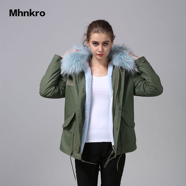 

mhnkro 2018 winter fasiopn skyblue furs collar army green mrs faux fur coats wear, Black