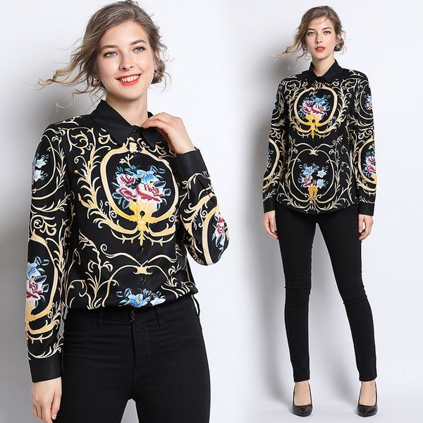 

luxury runway women's fashion vintage court-style paisley floral print blouses fall spring office lady slim long sleeve shirts, White