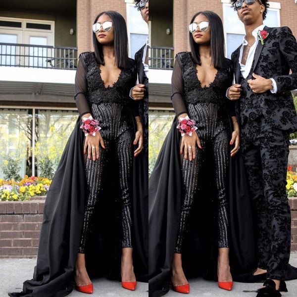 

2020 африканский новая мода пром платья комбинезоны v шеи бисероплетение брюки черная девушка вечерние платья плюс размер vestidos de fiesta, Black