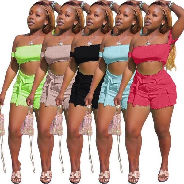 

2019 women summer solid knitted off shoulder short sleeve crop & safari shorts suit two piece set tracksuit 3 color glhr8016, Gray