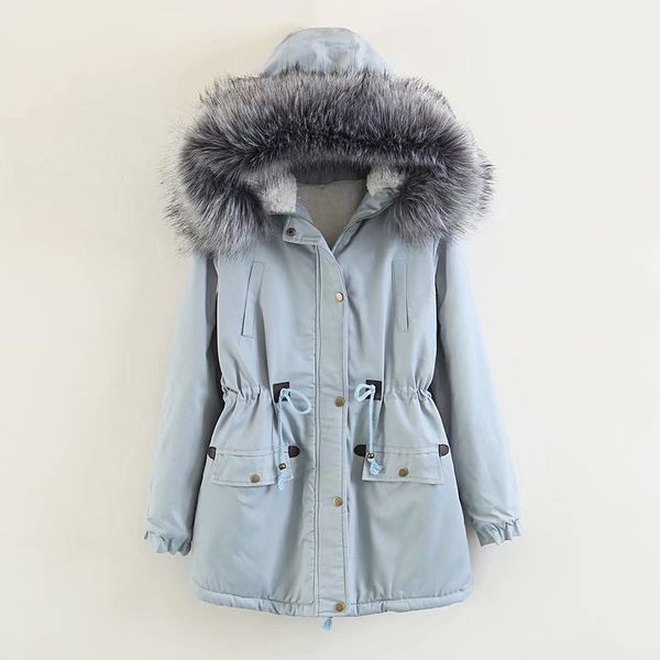 

2019 spring new style western style drawstring lace waist hugging slim fit large fur collar cotton overcoat, Blue;black
