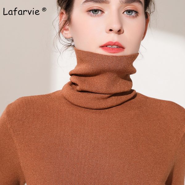 

lafarvie slim cashmere blended knitted sweater women turtleneck long sleeve warm pullover female knitting jumper 5 colors, White;black