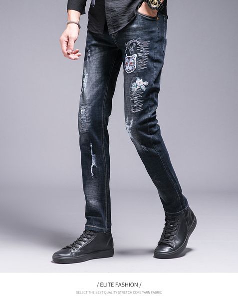 

ripped hole mens jeans denim pants embroideried cat pattern winter fashion straight denim trousers zipper denim pants, Blue