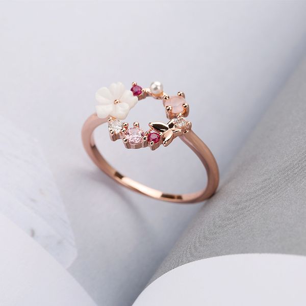 

ladies butterfly flower crystal ring women's fashion wedding ring rose gold zircon charm finger jewelry girl gift jewellery, Golden;silver