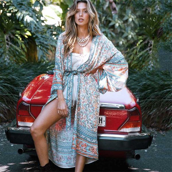 

2020 swimwear women plus size beach wear swim suit dress cover up cover-ups bohemian printed long kimono cardigan cotton tunic, Blue;gray