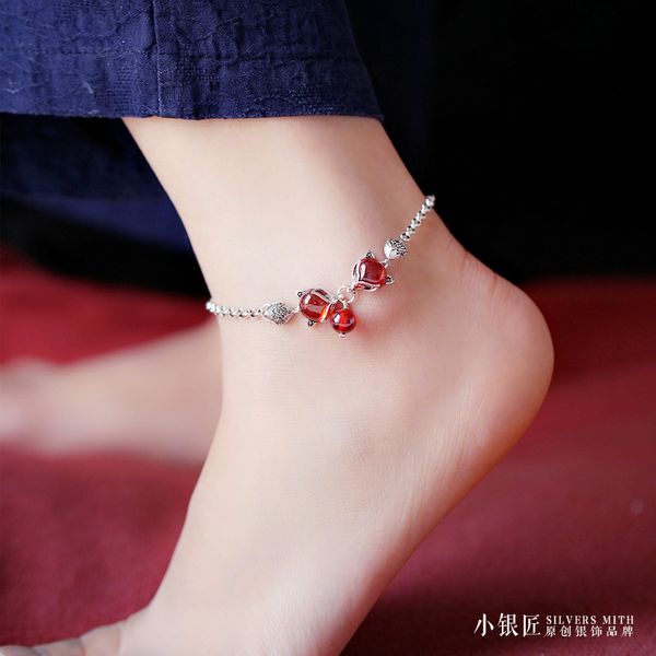 

original design small fox garnet 925 sterling silver anklet womens retro temperament jiao sheng foot ring chain, Red;blue