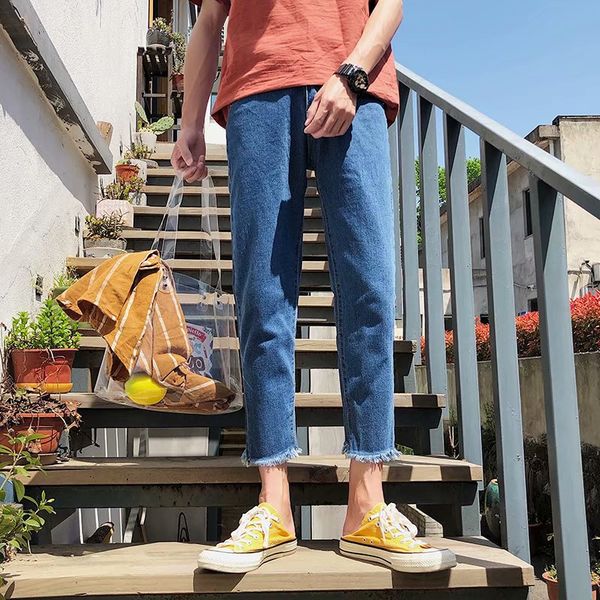 

wholesale 2019 fresh ankle length pants men's korean streetwear loose straight harajuku teenagers tassel denim jeans hombre, Blue