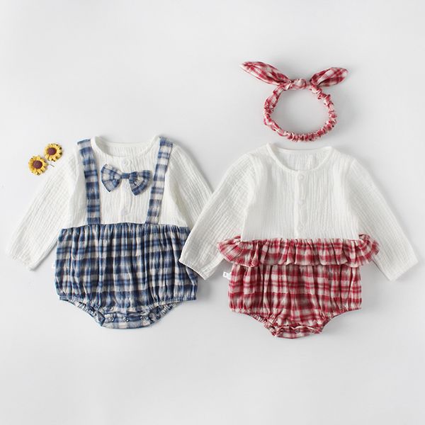 

2020 wholesale girls boys plaid cotton rompers long sleeve bow toddler kids jumpsuits (pick up sizes, Blue