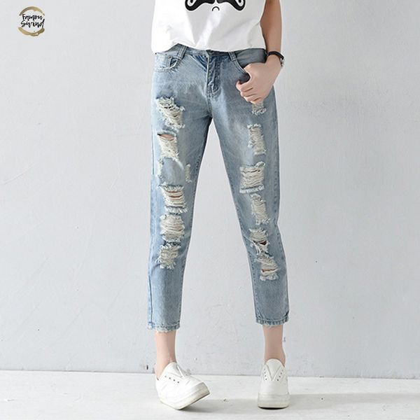 

plus size 25-32 hole ripped jeans women harem pants loose ankle-length pants boyfriends for woman ladies skinny jeans, Blue