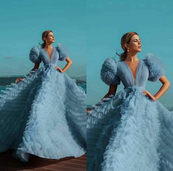 

blue arabic evening gowns deep v neck tulle a line half long sleeves prom dress sweep train custom made long formal dress, Black;red