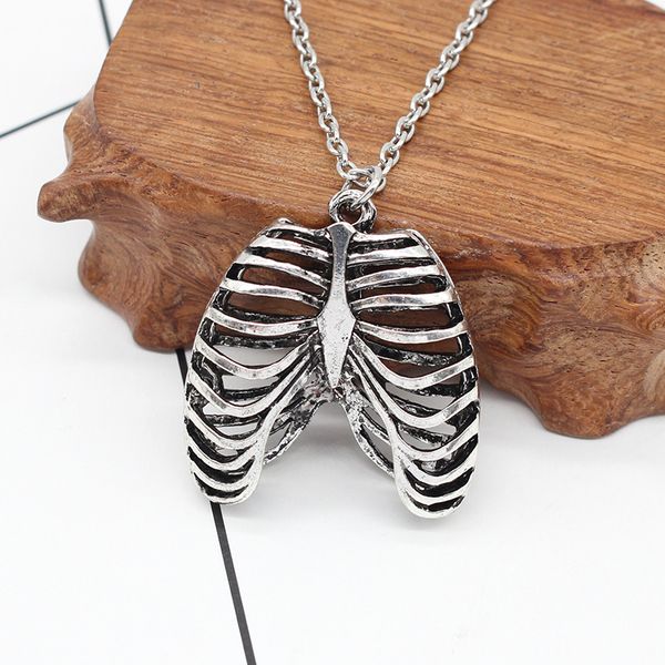 

vintage silver metal skeleton necklace human rib cage anatomy statement pendant necklace skull jewelry men and women jewelry