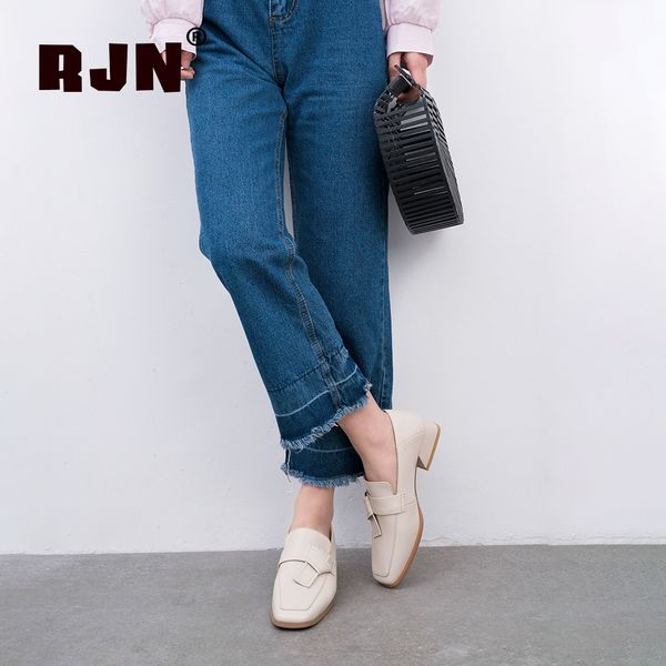 

rjn elegant women pumps solid knot decoration cow leather comfortable square toe med heel fashion lady loafer ro03, Black