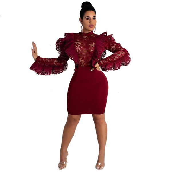 

night club party dresses womens clothing burgundy ruffle lace bodycon dress o neck long sleeve empire sheath mini women vestidos, Black;gray