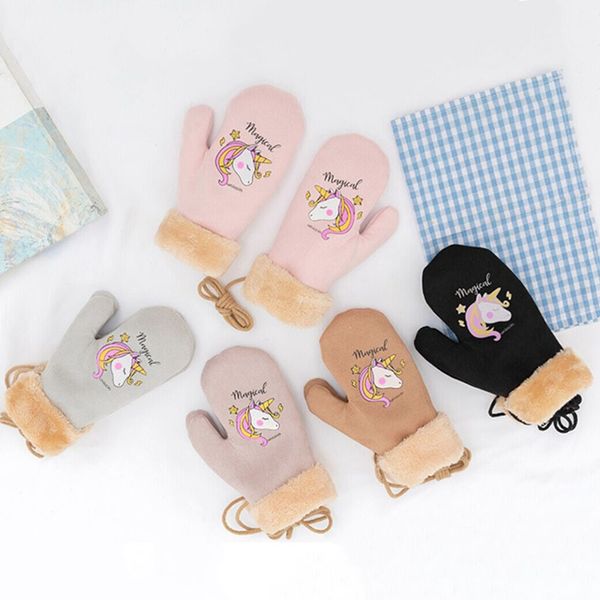 

thick faux wool cashmere warm halter cycling mittens famale lovely cartoon unicorn pattern suede leather gloves, Blue;gray
