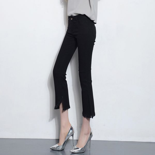 

jibaiyi elegant office lady flare pants high waist elastic bodycon women ankle length pants summer tassel female skinny trousers, Black;white