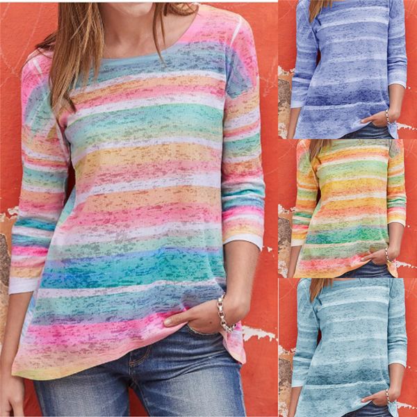 

autumn womens designer tshirt slim rainbow striped printed crew neck casual ol style female clothing, White