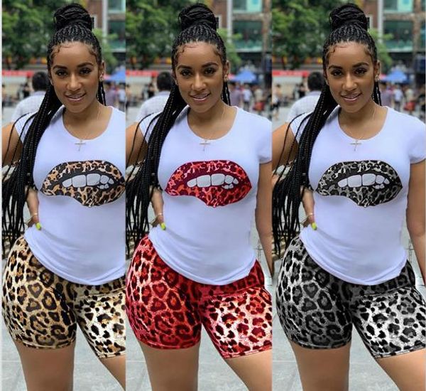 

women tracksuit summer leopard printed panelled lips short sleeve womens 2pcs sets casual sport female clothing, Gray