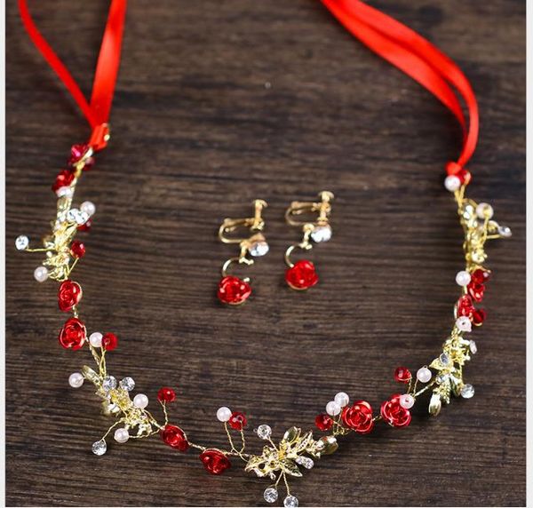 

red flowers with earrings set bridal dress accessories hair hoops earrings set decorations, Slivery;golden