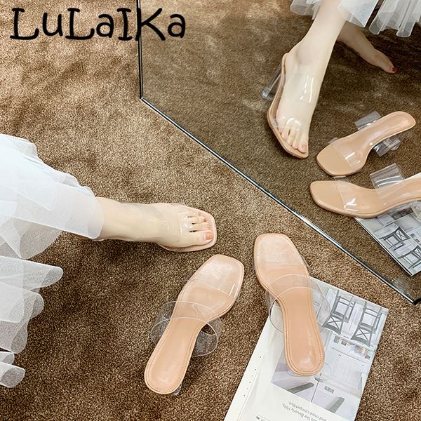 

summer pvc transparent word with ladies sandals fashion crystal thick with square head shoes wild wear high-heeled slippers, Black