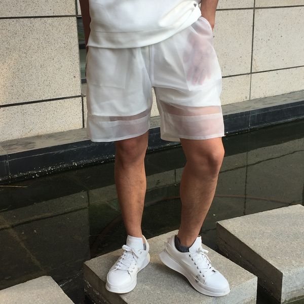 

clear transparent organza light weight trousers man costumes black white hip hop heap loosen see through shorts, White;black