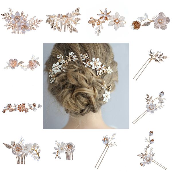 

hair accessories rose gold bridal hairpin rhinestone flower women jewelry statement handmade bride headwear leaf head clips headdress