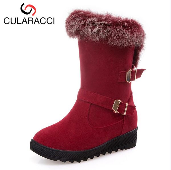 

cularacci size 34-43 winter warm fur inside mid calf snow boots for women metal buckle thick platform half short flat botas, Black