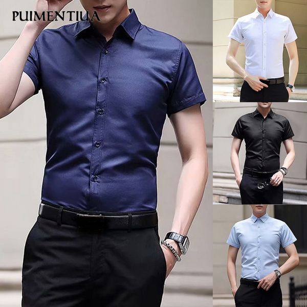 

puimentiua 2020 men's solid color short-sleeved summer shirt plus size men business casual wear button up turn down collar shirt, White;black