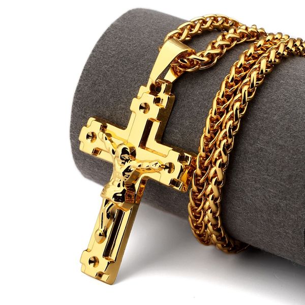 

мужские ювелирные изделия иисуса крест кулон ожерелья мода punk hip hop 18k позолоченный 75см длинные цепи дизайн для мужчин подарок, Silver