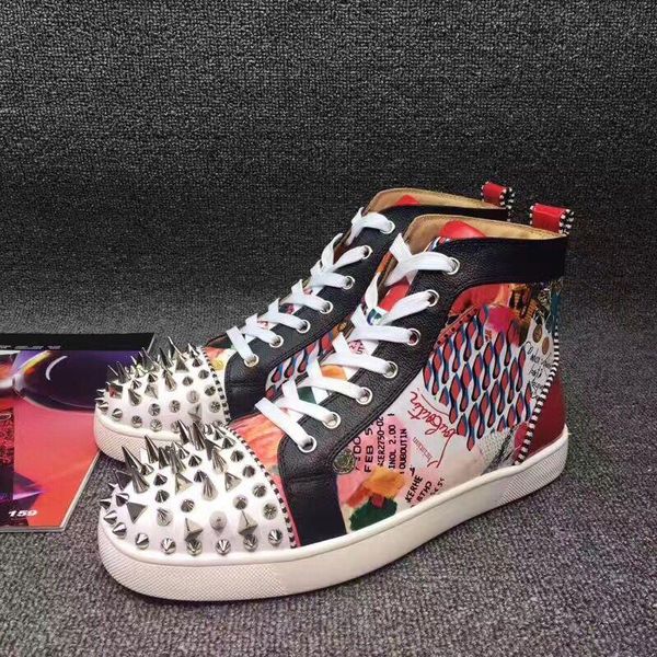 

real p,with box,dust bag] pik pik spikes red bottom sneakers shoes women,men flats high rivets casual outdoor, Black