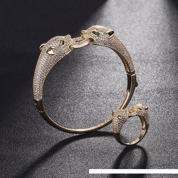 

cheetah rings bangles sets fashion double animals head design bracelets rings exquisite luxury wedding jewelry set lover gift, Slivery;golden