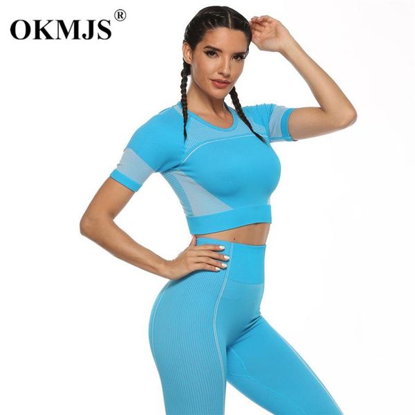 

короткие рукава фитнес set женщины sports wear vital бесшовные crop top + тренировка леггинсы tracksuit женские запуск тренировки одежда, Black