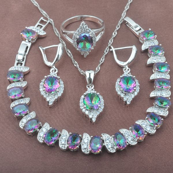 

стильные свадебные украшения наборы 925 серебряная радуга цирконий женщины бижутерия серьги ожерелье кольца браслет браслет yz0511, Slivery;golden