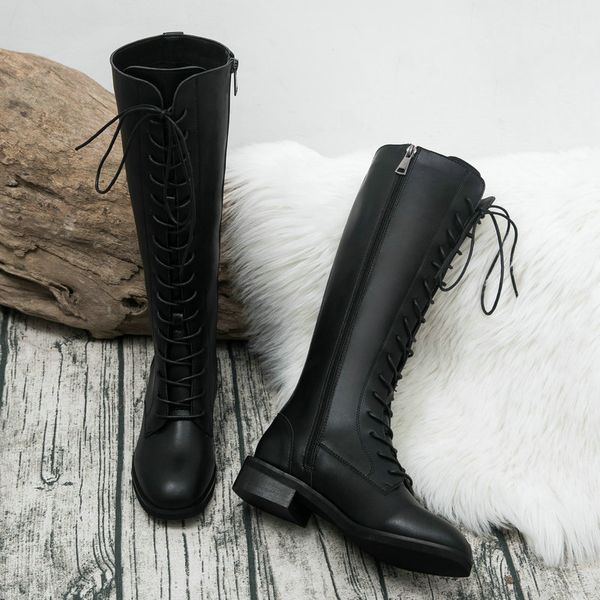 

2019 women knee boots platform lace up round toe retro feamle long boots vintage punk women shoes, Black