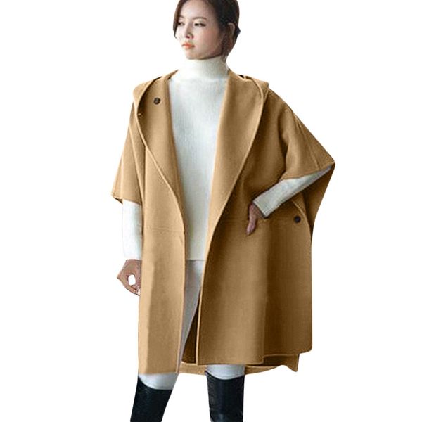 

fashion women's loose bat sleeves wool poncho winter warm five-point sleeves solid color jacket coat cloak shawl pike wool coat, Tan;black
