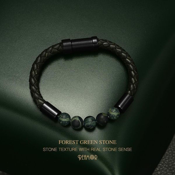 

reamor forest green natural stone texture bracelets men retro genuine braided leather stainless steel embedded clasp bangles, Golden;silver