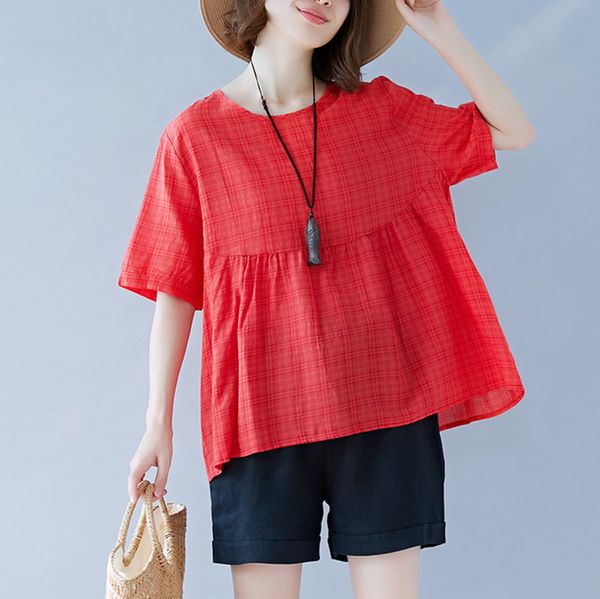 

ewq] 2019 summer new fashion o neck cotton linen short sleeve loose big size office lady shirt fashin tide mc346, White