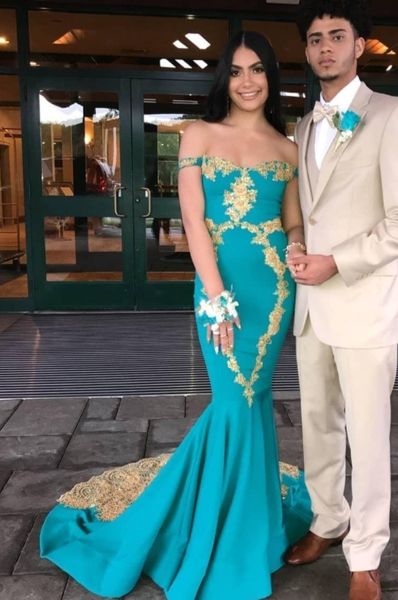 

fashion gold lace mermaid evening dresses formal gowns off the shoulder sweep train satin sequins applique long party prom celebrity dress, Black;red