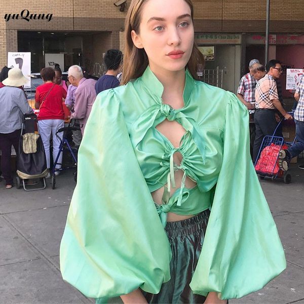 

yuqung women's satin blouse shirt lantern long sleeve shirt lady autumn winter lace up bow blouses and crop blusas, White