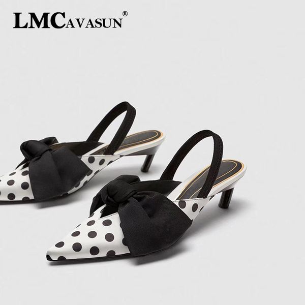 

lmcavasun summer polka dot women sandals bowtie kitten heel women mules pointed toe slingback high heels sandals pumps, Black