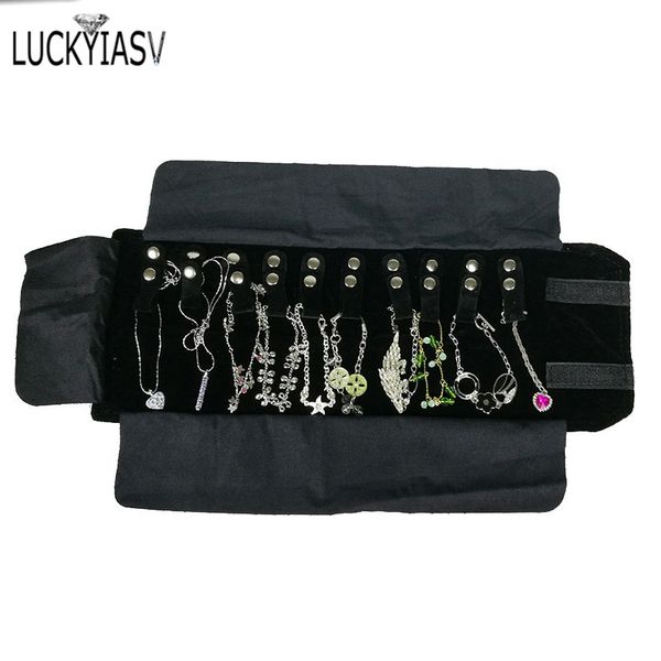 

black/grey velvet jewelry storage bag portable necklace pendant display cases organizer jewelry travel roll boxes, Pink;blue