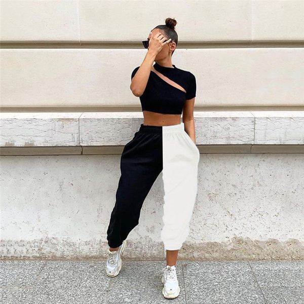 

high waist womens pants patchwork color loose ladies long pants casual sports contrast color female trousers, Black;white
