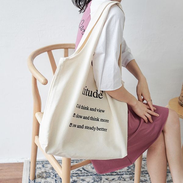 

women canvas shopping bag letter print reusable tote grocery shoulder bags girls school book bags women beach eco folding